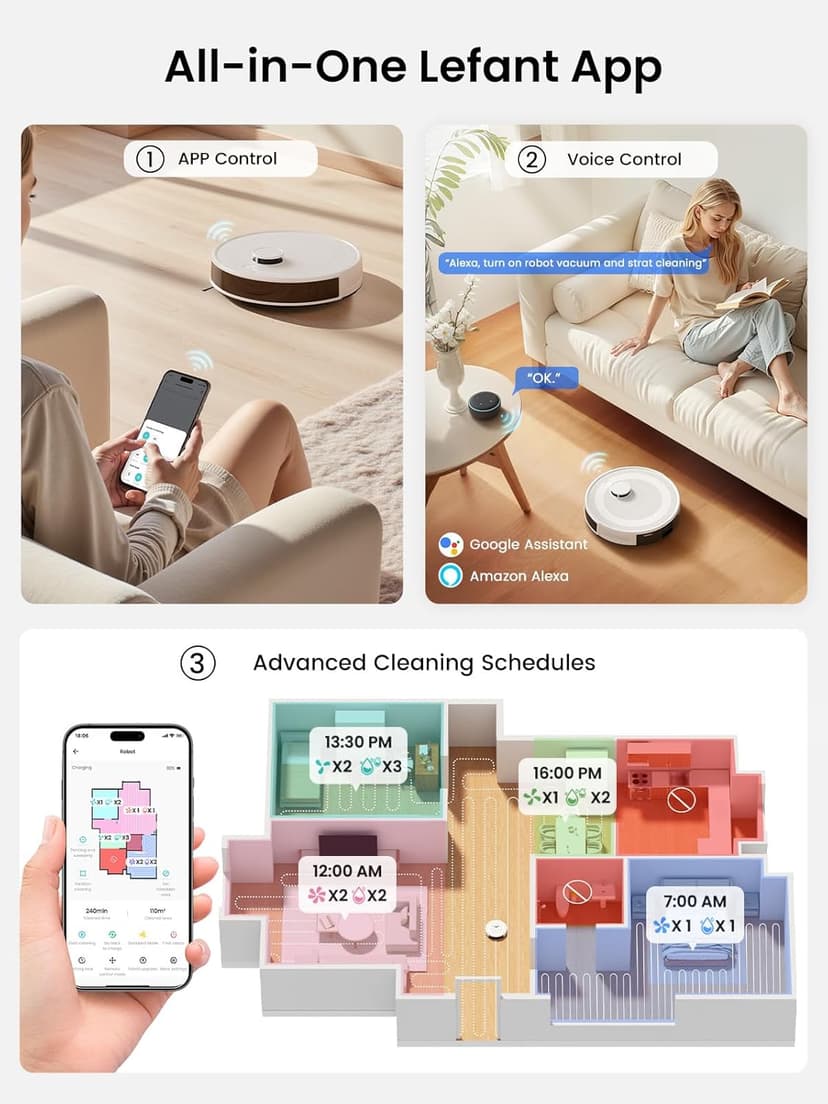 Lefant LiDAR Robot Vacuum and Mop,45-Day Self-Emptying,6000Pa Powerful Suction,Customized Cleaning,Home Mapping,140 Min Runtime,Roller Brush for Carpet,2.4G/5G WiFi/Alexa/APP/iWatch,M2 Plus
