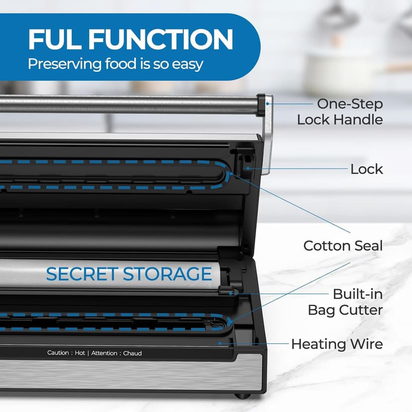 90Kpa Food Vacuum Sealer, Stainless Steel Vacuum Sealer Machine for Food with Double Heat Seal & Double Pump, Food Sealer Dry/Moist/Liquid Modes, Roll Storage and Cutter, Easy-Lock Handle and Clean