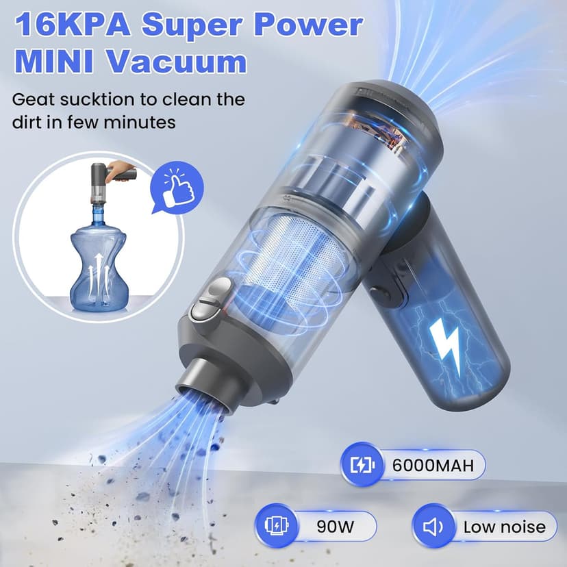 Car Vacuum Portable Cordless with 16000PA Ultra Suction 4-in-1 Foldable ​Air Duster & Brushless Motor Rechargeable Handheld Vacuum for Pet Hair, Car Seats, Home & Office Cleaning
