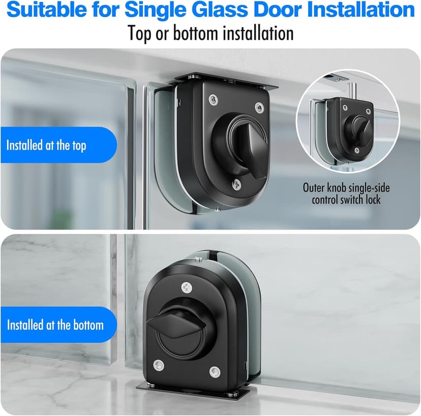 Ranbo Frameless Glass Door Floor Lock, Clamp-On No-Drill, 304 Stainless Steel, Fits 3/8"–1/2" (10–12 mm) Swing/Sliding Doors — Ideal for Office, Entrance, Storefront,Top or Bottom Mount, Matte Black