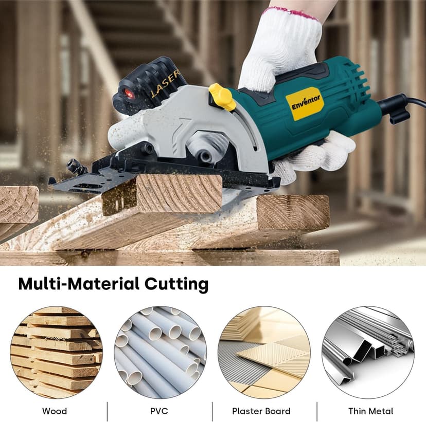 Enventor Mini Circular Saw, 4.8A Electric Circular Saws Corded with Laser Guide, 4000RPM, 3 Saw Blades 3-3/8" Max Cutting Depth 1-1/16", Compact, Power for Wood, Soft Metal, Tile, Plastic