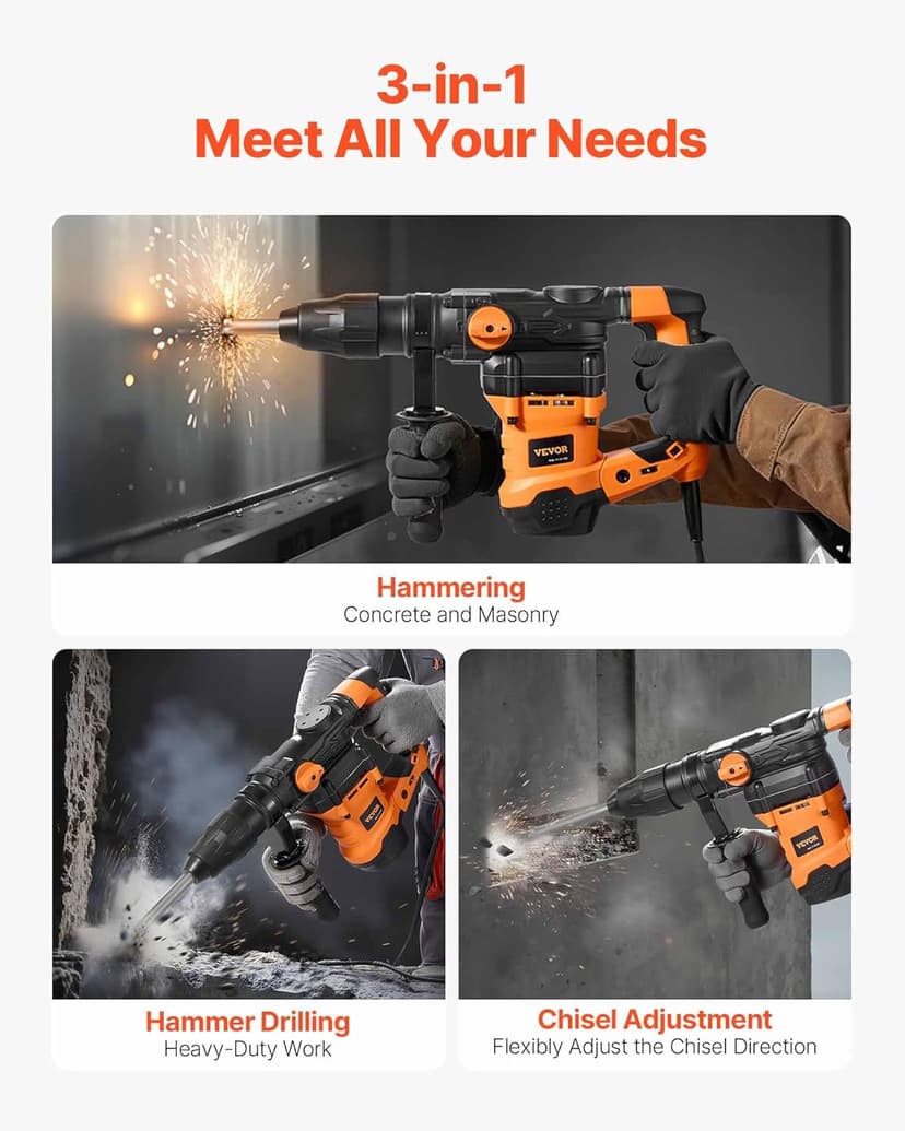 VEVOR 1-9/16 Inch SDS-Max Rotary Hammer Drill, 13Amp Corded Drills, Heavy Duty Chipping Hammers w/Vibration Control & Safety Clutch, Electric Demolition Hammers Variable Speed, Power Tool For Concrete