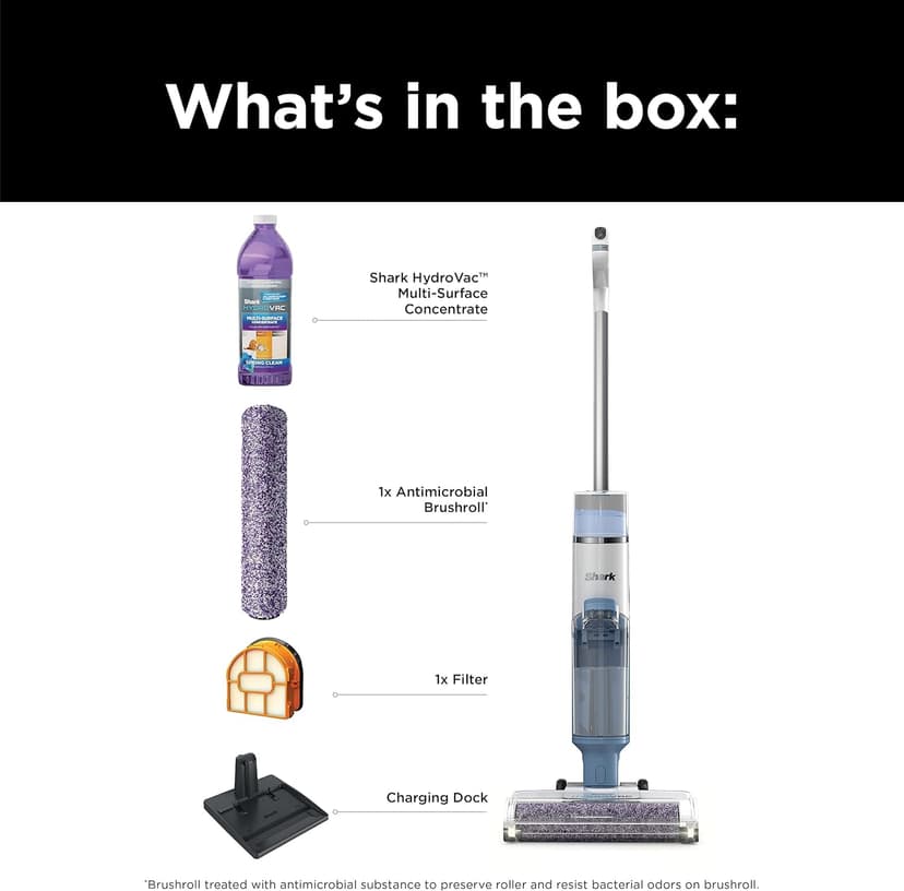 Shark WD201 HydroVac Cordless Pro XL 3-in-1 Vacuum, Mop & Self-Cleaning System with Antimicrobial Brushroll* & Solution for Multi-Surface, Hardwood, Tile, Marble & Area Rugs, Pure Water