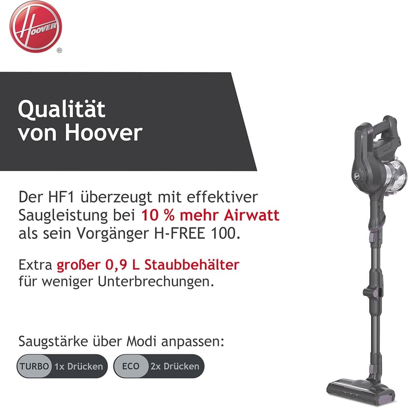 Hoover cordless vacuum cleaner without bag + kinkled - up to 120 m² with 1 battery charge I vacuum cleaner wireless with XL dust container and parking function I battery vacuum cleaner with joint