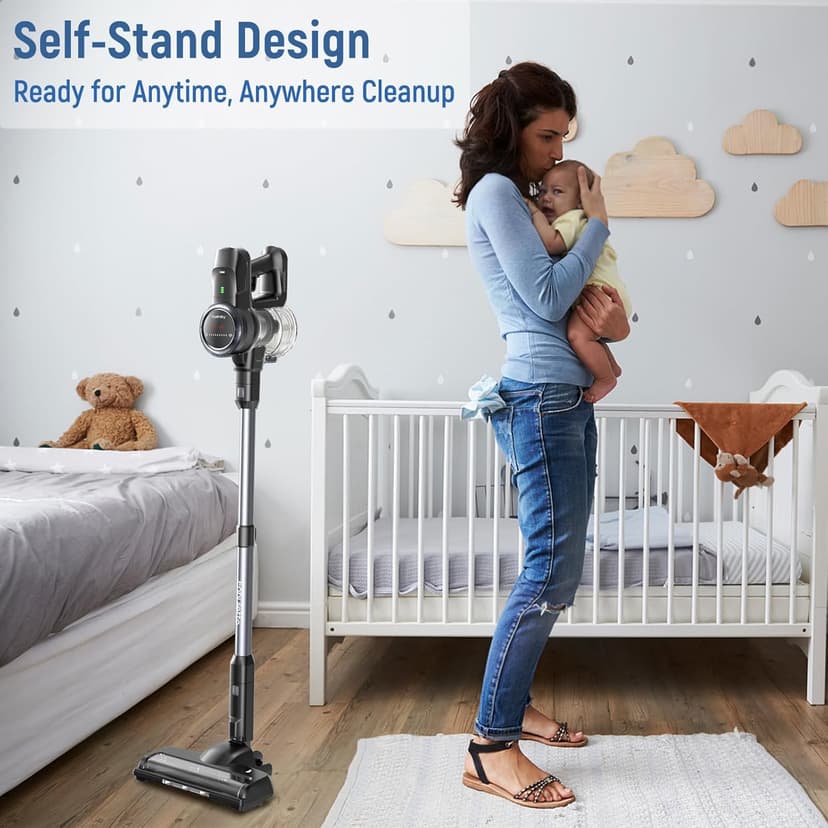 FABULETTA Cordless Vacuum Cleaner, 35Kpa Vacuum Cleaners for Home, Max 50 Mins Runtime, Self-Standing Design, 5-Layer Filtration System, Anti-Tangle Brush, LED Display, Lightweight