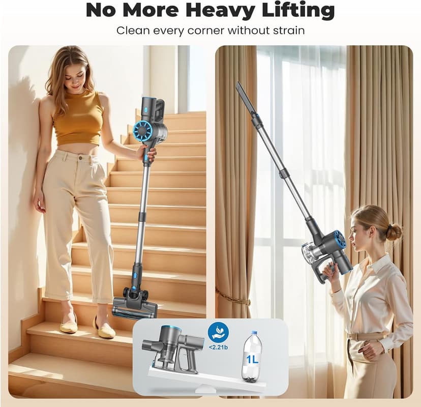 Cordless Stick Vacuum Cleaner with Self-Standing, 8-in-1 Vacuum Cleaners for Home, Lightweight Powerful Vacuum with LED Screen, Rechargeable Vacuum for Carpet, Pet Hair, Tile, Hardwood Floors
