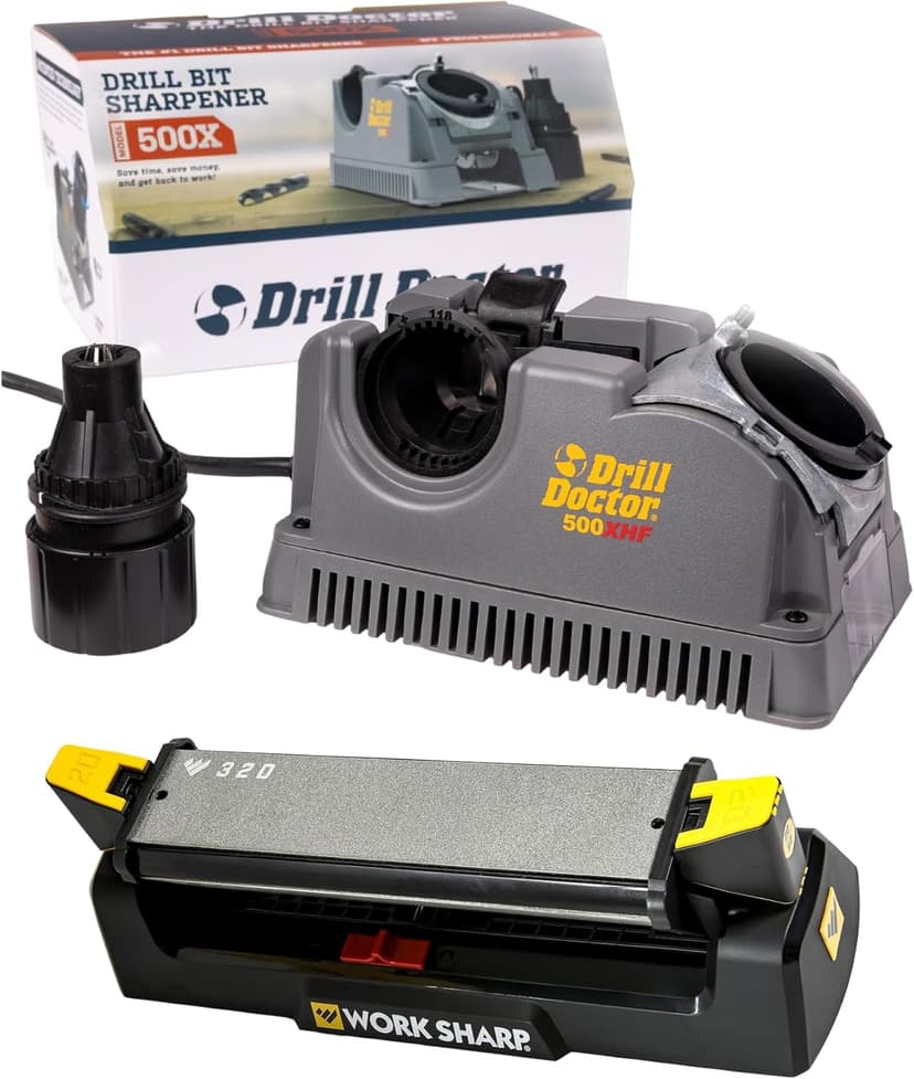 Drill Doctor Drill Bit Sharpener plus Work Sharp Benchstone Knife Sharpener, 3 sided manual knife sharpener