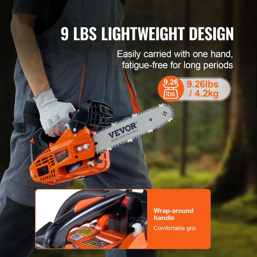 VEVOR 25.4 CC 2-Cycle Top Handle Gas Powered Chainsaw 12 Inch Petrol Handheld Cordless Chain Saw for Tree Wood Cutting