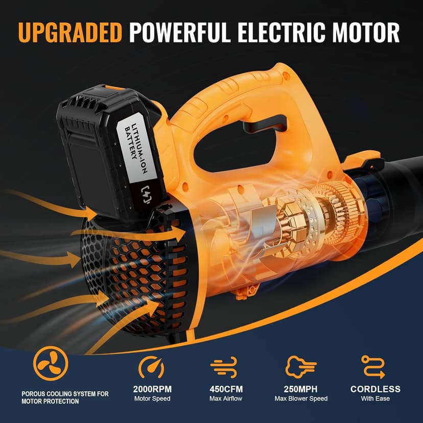 Leaf Blower Cordless with 4.0Ah Battery and Charger, 6 Speed Mode, 250MPH High Speed Lightweight Electric Leaf Blowers Cordless for Lawn Care, Patio, Garden Cleaning and Dust