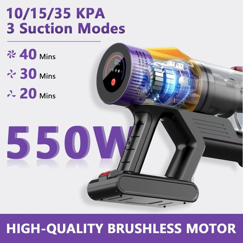 35KPA High Suction Cordless Vacuum Cleaner with LED Display - Stick Vacuum for Home, Removable Battery, Lightweight, Wall-Mounted, Low Noise, Touch Screen for Hard Floor, Carpet, Rug, Sofa