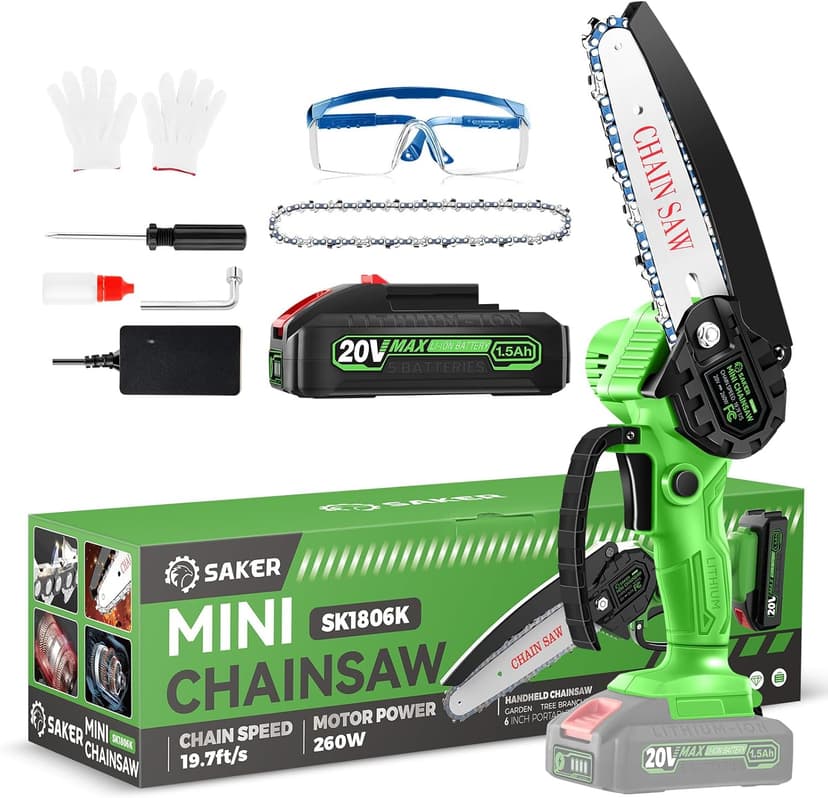 Saker Mini Chainsaw|6 Inch Chainsaw[2025 Upgraded]|Mini Cordless Electric Chain Saw|Small Handheld Portable Chainsaw Battery Powered Chain Saw for Tree Trimmer and Garden,Christmas Gifts for Men Women