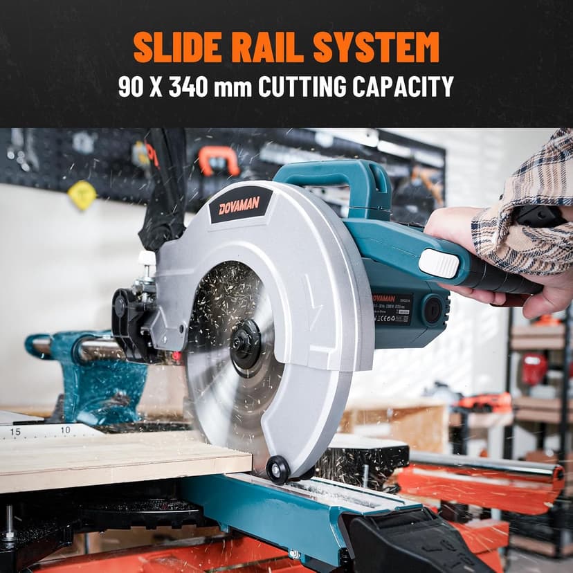 DOVAMAN Updated 10-Inch Sliding Miter Saw, Multi-Material Cutting w/ 3 x TCT Blades, Ambidextrous Operation, 5000/3200RPM Speed, Laser Guide, 0-45° Bevel Cut, Max Cut 3.5x13.4in, 9 Positive Stops