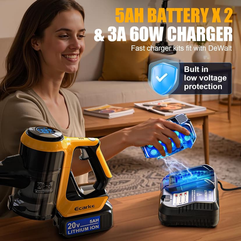 Cordless Stick Vacuum Cleaner Compatible with DeWalt Battery, 350W Brushless Motor, 30KPa Suction, 6-in-1 180° Bendable Wand, Smart Screen 2x5AH Batteries & Charger – Hardwood Floors
