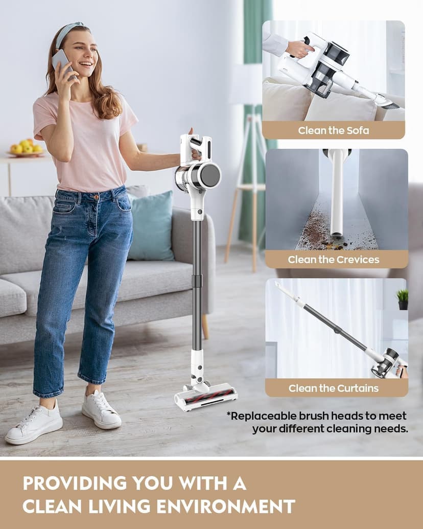 Cordless Vacuum Cleaner, 80,000 RPM Motor and Power Filtration, Stick Vacuum with 2200 mAh Battery, 35 Mins Worktime, 2 Modes, Rotated Multi-Heads, Height-Adjustable Vacuum for Home (Harbor White)