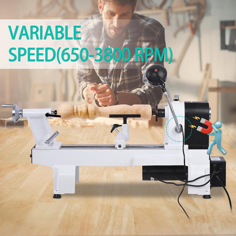 CXRCY 12" x 18" Wood Lathe, Powerful Benchtop Wood Lathe Machine 3/4 HP Infinitely Variable Speed 650-3800 RPM with Lathe Belt & Goggle for Woodworking, Woodturning (Model:WL460-12VF)