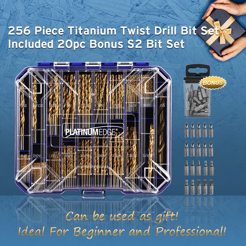 276pc Titanium Twist Drill Bit Set with S2 Bits 135° Tip High Speed Steel, Size from 1/16" up to 1/2", Ideal in Wood Cast Iron Aluminum Alloy Plastic Fiberglass, Clear Lid Case