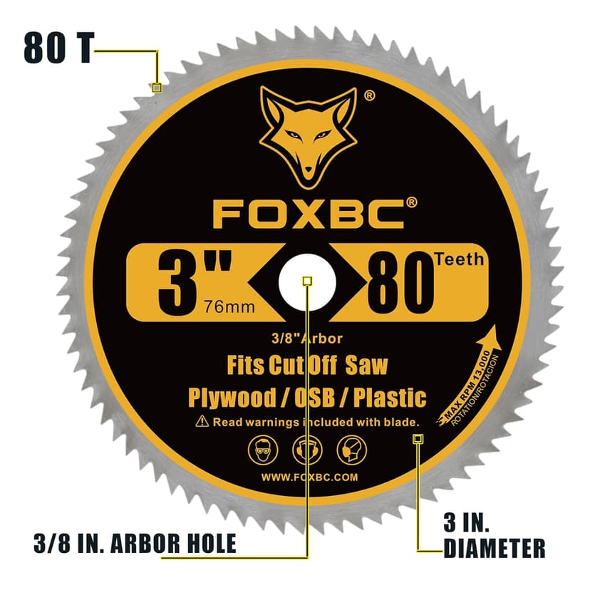FOXBC 3 Inch 80T Circular Saw Blade Cutting for Plywood, OSB, Veneer, Plastic with 3/8" Arbor - 5 Pack