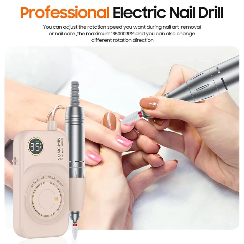 Professional Nail Drill 35000 RPM,SONGMIN Portable Cordless Efile with Bits Kit for Acrylic Nails Gel Polishing Removing,Rechargeable Electric Nail File Machine for Manicure,Pedicure Salon Home,Pink