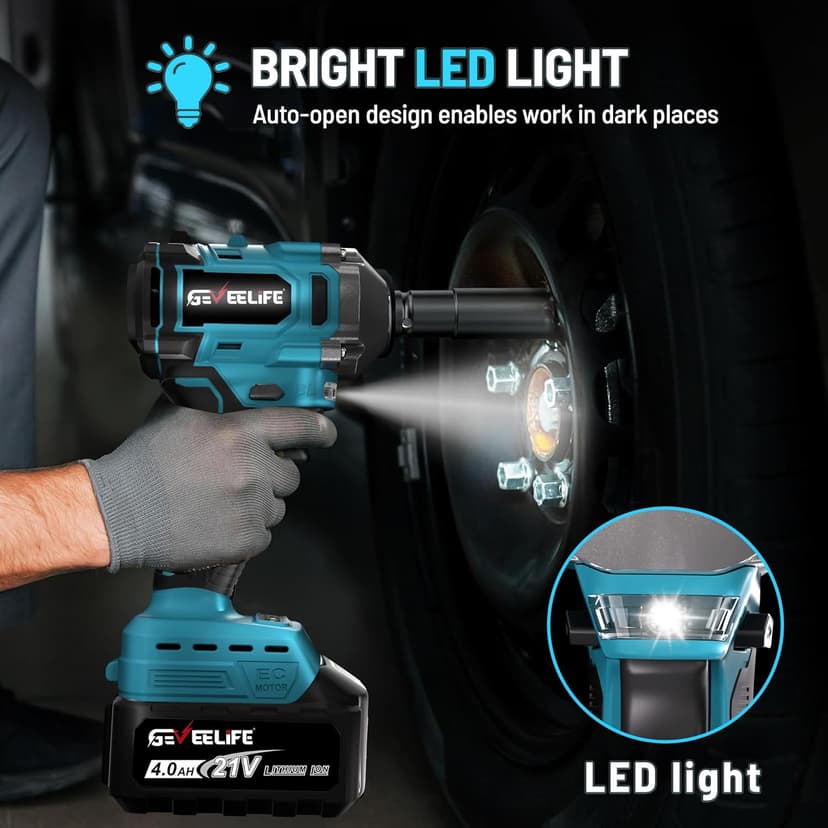 GEVEELIFE 450N.m/332Ft-lbs Brushless Impact Wrench,1/2" Cordless Impact Gun with 4.0Ah Battery & 6 Sockets, Electric Impact Driver for Car/DIY Furniture/Lawn Mower/blue (450N)