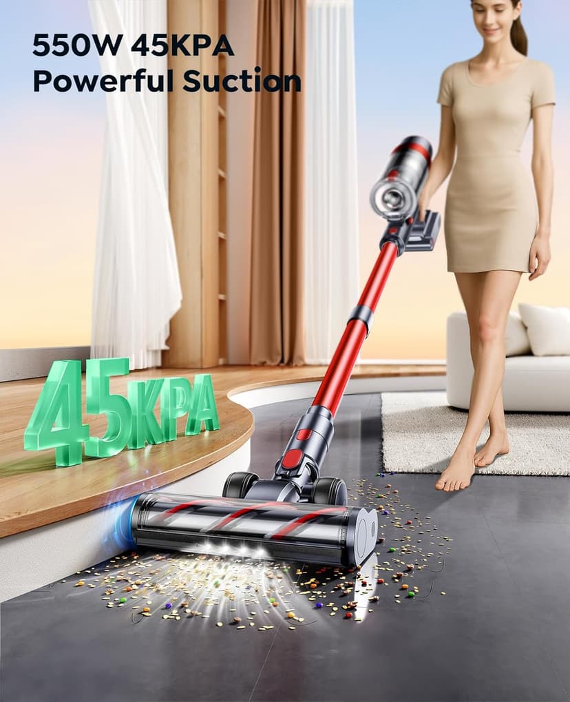 Cordless Vacuum Cleaner, 550W/45KPa Stick Vacuum, 60 Mins Runtime Rechargeable Vacuum, Wall Mount Charging, Auto Mode, Self-Standing Vacuum Cleaner for Home with 3.3Ft Hose for Pet Hair Carpet Floor
