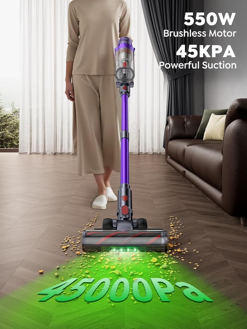 Cordless Vacuum Cleaner, 550W 45KPA 60 Mins Runtime Vacuum Cleaners for Home, Stick Vacuum with Self-Standing, Wall Mount Charging and Intelligent Auto Mode, Handheld Vacuum for Pet Hair/Carpet/Floor