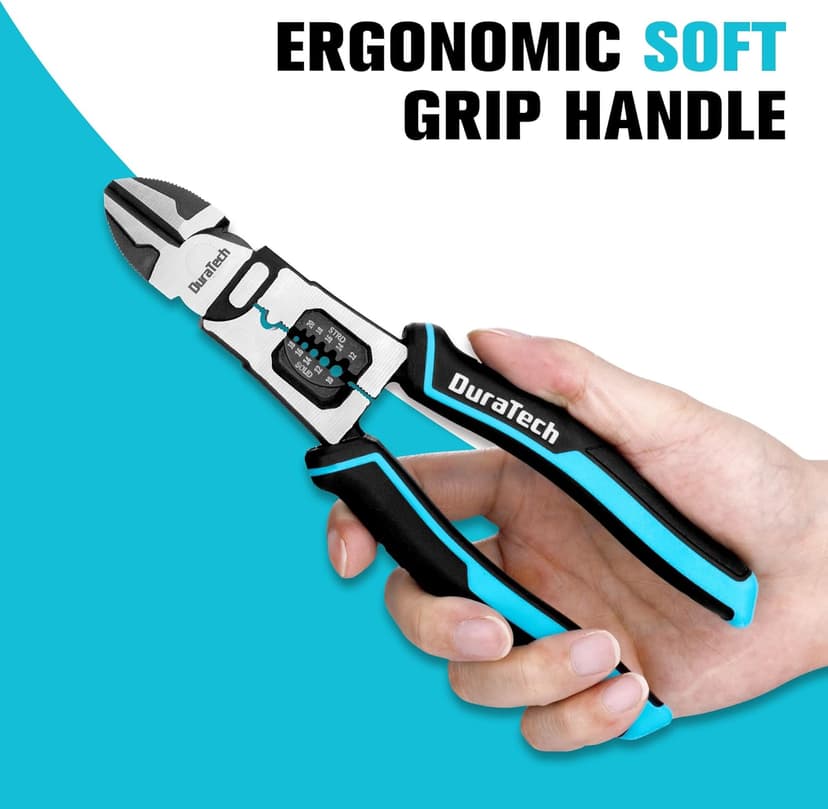 DURATECH 4-in-1 Diagonal Cutting Pliers, 8" Multifunction Heavy Duty Side-Cutting Pliers with Wire Stripper, Wire Cutters with Ergonomic Handle for Electricians and Homes