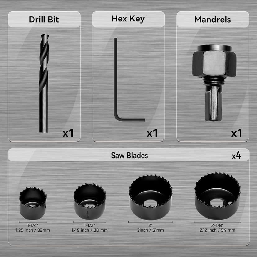 KATA 6PCS Hole Saw Kit 1-1/4" to 2-1/8"(32-54mm) Hole Saw Set in Case with Mandrels and Hex Key for Soft Wood, PVC Board, Plywood