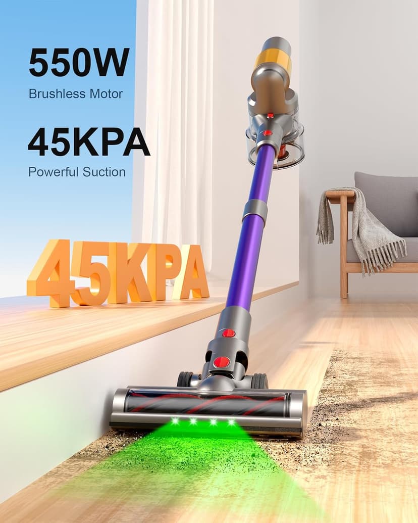 Cordless Vacuum Cleaner, 2 Batteries 120 Mins Runtime, 550W 45KPA Stick Vacuum with Self-Standing, Tangle-Free Brush, LED Display, Vacuum Cleaner for Home Hardwood Floor, Carpet, Pet Hair