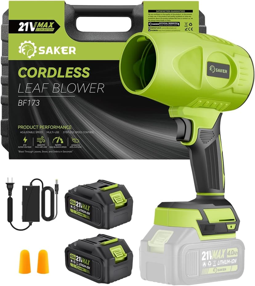 Saker Cordless Leaf Blower Handheld Turbo Jet Blower Portable Dust Cleaner 180000 RPM with Adjustable Speed for Drying Patio Cleaning Camping 2 Batteries Green with Case