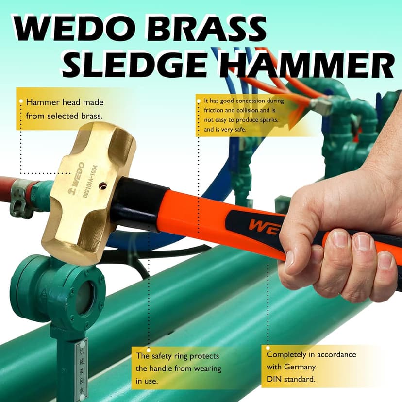 WEDO Brass Sledge Hammer With Fiberglass Handle, Non-Magnetic, Die-Forge, Corrosion Resistant, DIN Standard, 1lb, 300mm, 12"