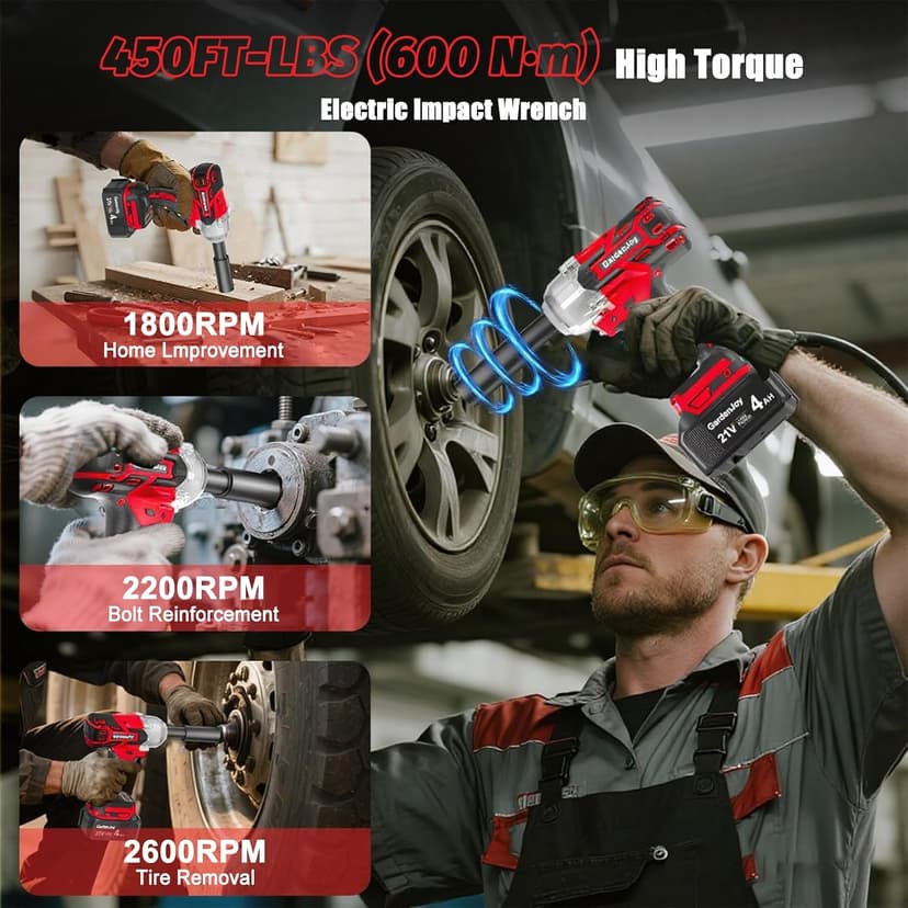 Cordless Impact Wrench 1/2 Inch, 21V Max Brushless, 450 Ft-lbs (600N.m) Max Torque, 3-Speed, w/ 4.0Ah Battery & Quick Charger, 6Pcs Impact Sockets - for Automotive Repair, Tire Changing, Home DIY