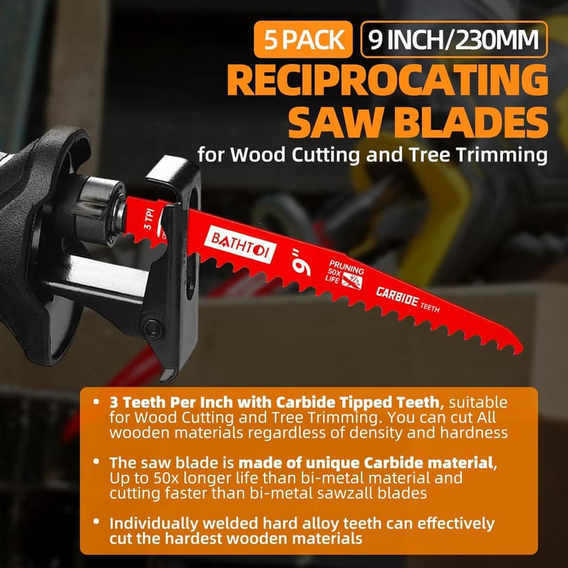 5 Pack 9 Inch 3 Tpi Carbide Reciprocating Saw Blades for Wood Cutting and Tree Trimming, Pruning Sawzall Blades with Carbide Tipped Teeth for Longer Life and Faster Cutting Speed