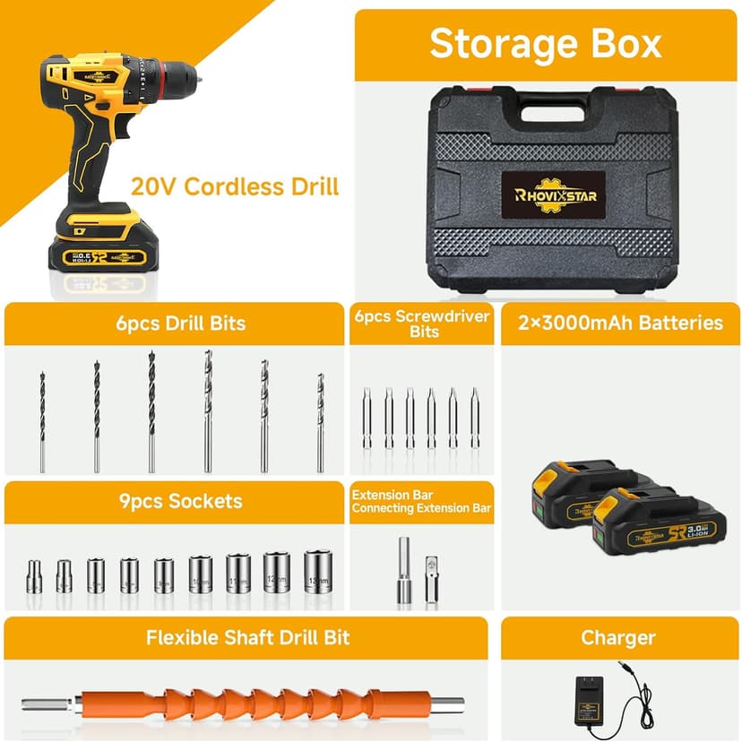 Cordless Drill Set with Battery And Charger,Power Drill Tool Set 20v,1/2-Inch Keyless Chuck,Variable Speed (Equipped with two batteries)
