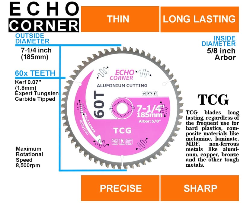 7-1/4 Inch Aluminum Cutting Circular Saw Blade, Fast Dry Cool Clean Cut Off Non-Ferrous Metal Plate/Sheet/Tube, Polycarbonate, Plastics, MDF, TCG 60-Tooth, 5/8-inch Arbor