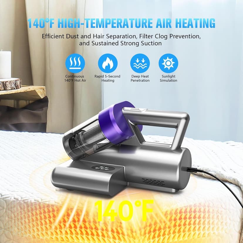 Mattress Vacuum Cleaner,Bed Vacuum Cleaner with UV-C Light,16Kpa,140°F Heat,Ultrasonic,Anion,Handheld Vacuums for Bed,Sofa,Couch,Crib(Corded, Purple)