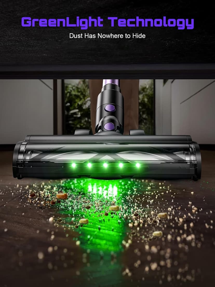 Cordless Vacuum Cleaner, 10 in 1 Stick Vacuum with Powerful Suction, Hose, Green LED Light, Anti-Tangle Brush, Lightweight Rechargeable Vacuum Cleaner for Home, Hardwood Floors, Carpets