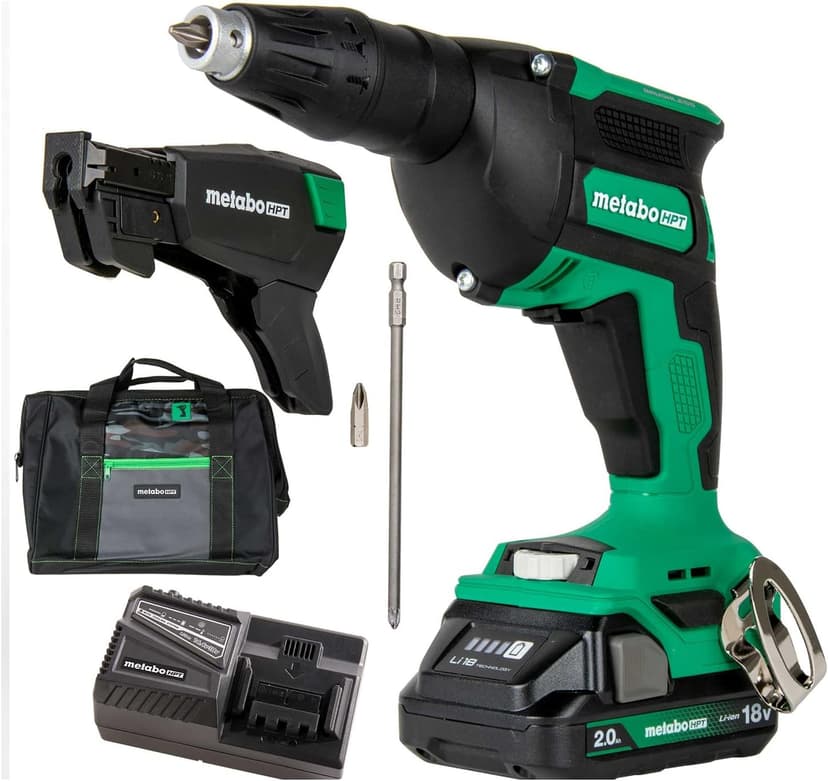Metabo HPT 18V MultiVolt Cordless Drywall Screw Gun Kit, High-Speed Power Screwdriver with Collated Screw Magazine, 2.0Ah Lithium-Ion Battery and Charger, Lightweight Ergonomic Design, W18DAQB