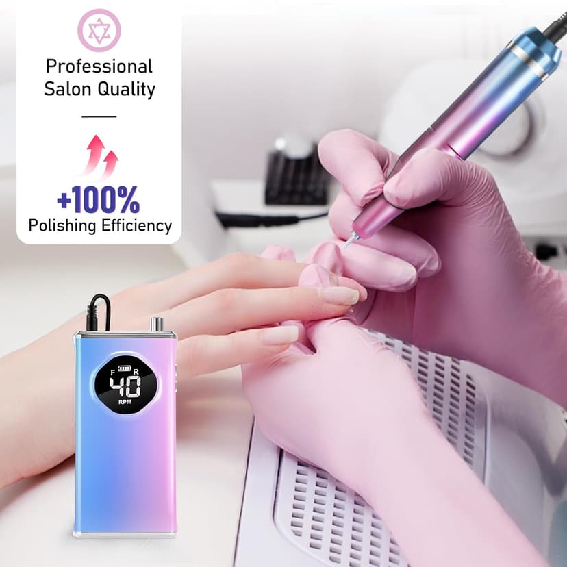 Electric Nail Drill File Professional 40000 RPM, Melodly Rechargeable Electric Nail File Machine Kit for Acrylic Gel Nails Polishing Removing, Portable Cordless Efile with Gold Bits Kit at Salon Home