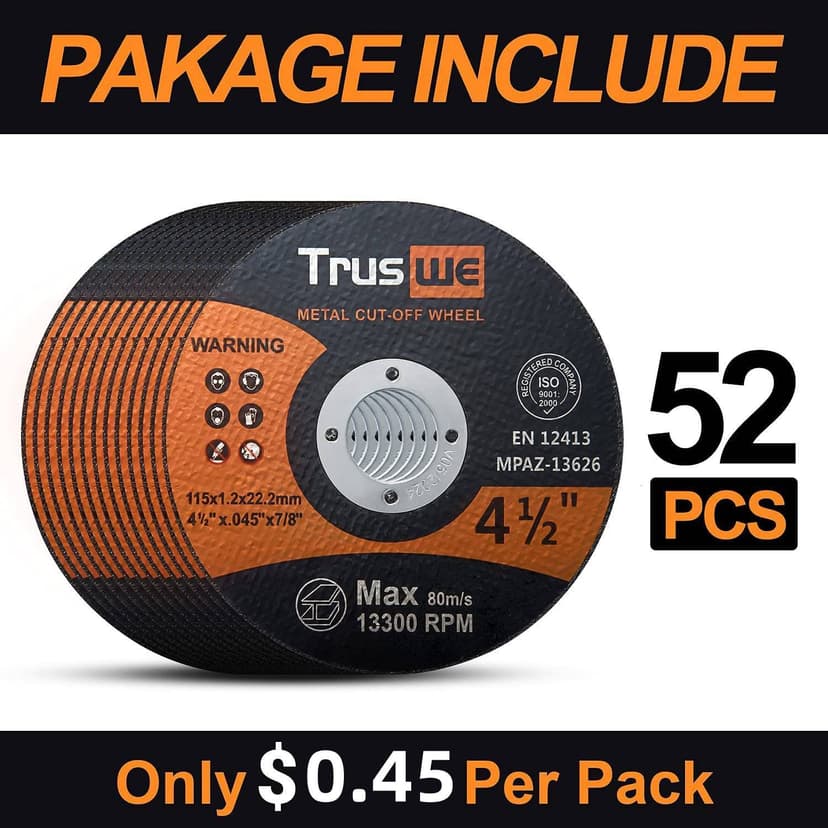 Cut Off Wheels 52 Pack,4 1/2 Inch,0.45 USD/Pack,Metal and Stainless Steel Cutting Wheel for Angle Grinder,Ultra Thin Cut-Off Wheel Cutting Disc (52 PCS 4-1/2 x .045 x 7/8 inch Cut Off Wheels)