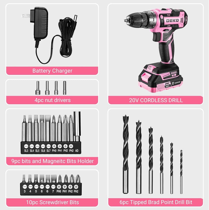 Power Drill Cordless: DEKO PRO Pink Cordless Drill 20V Electric Power Drill Set Tool for Women Drills with Battery and Charger 20 Volt Drills Driver Kit