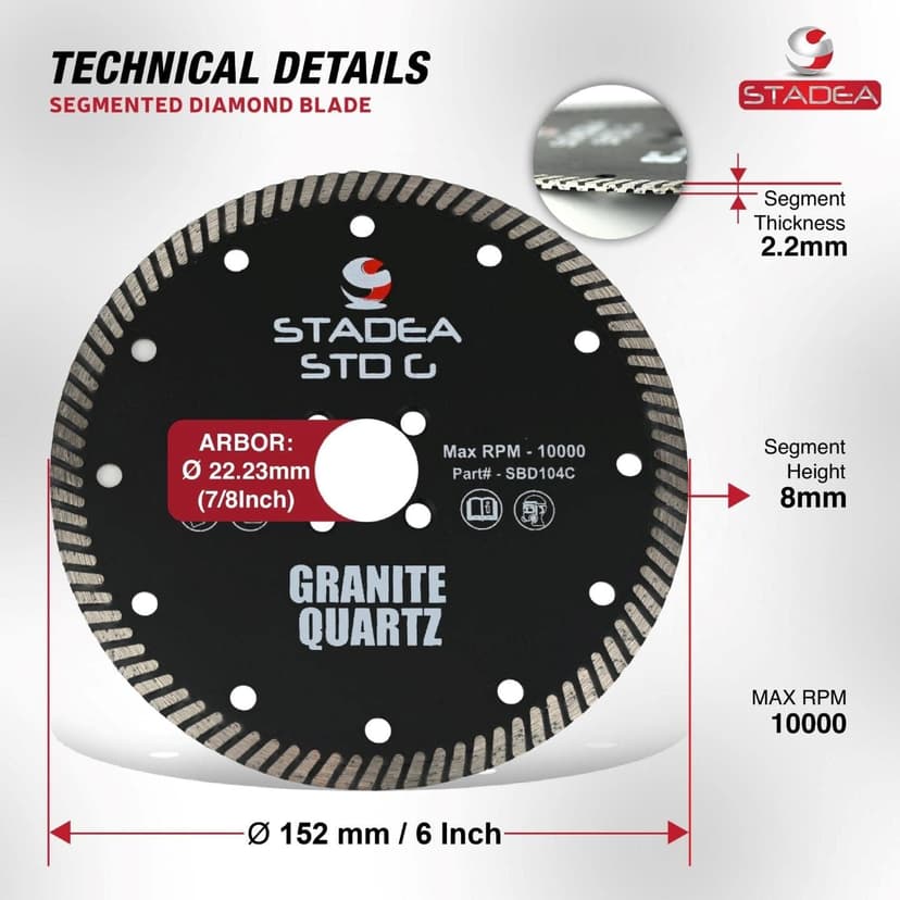 Stadea SBD104C Diamond Saw Blade 6-Inch Continuous Turbo Dry Cutting - Cuts Granite Quartz Quartzite, Fits Grinder, Saw Cutter, 8 MM Segments - Pack of 1