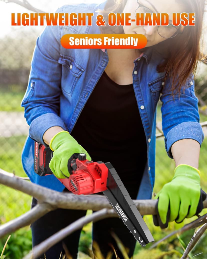 Mini Chainsaw Cordless, 6 inch Small Electric Chainsaw Battery Powered, Handheld Mini Chain Saw with 2 Batteries&2 Chains, Hand Saws for Branch Wood Cutting Tree Trimming (UPGRADED VERSION), Red