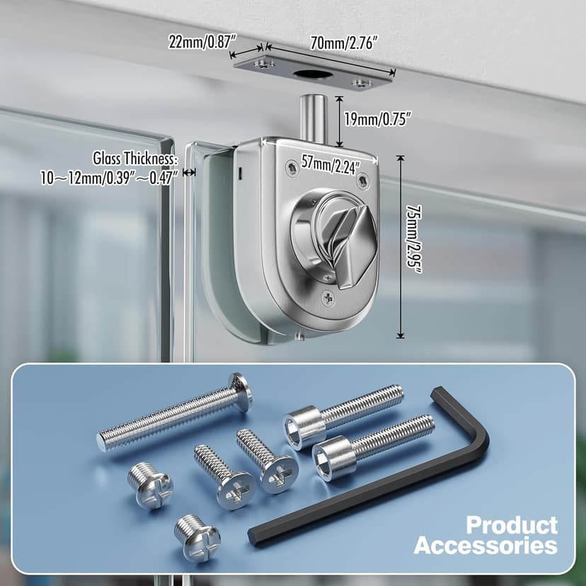 Ranbo Frameless Glass Door Floor Lock, Clamp-On No-Drill, 304 Stainless Steel, Fits 3/8"–1/2" (10–12 mm) Swing/Sliding Doors — Ideal for Office, Entrance,Storefront,Top or Bottom Mount,Brushed Nickel