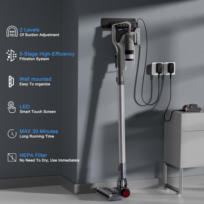 Cordless Vacuum Cleaner, Lightweight Stick Vacuum Cordless Rechargeable with LED Touch Screen, 2 Modes Powerful Suction Vacuum Cleaners for Home Pet Hair, Carpets, Hardwood Floors