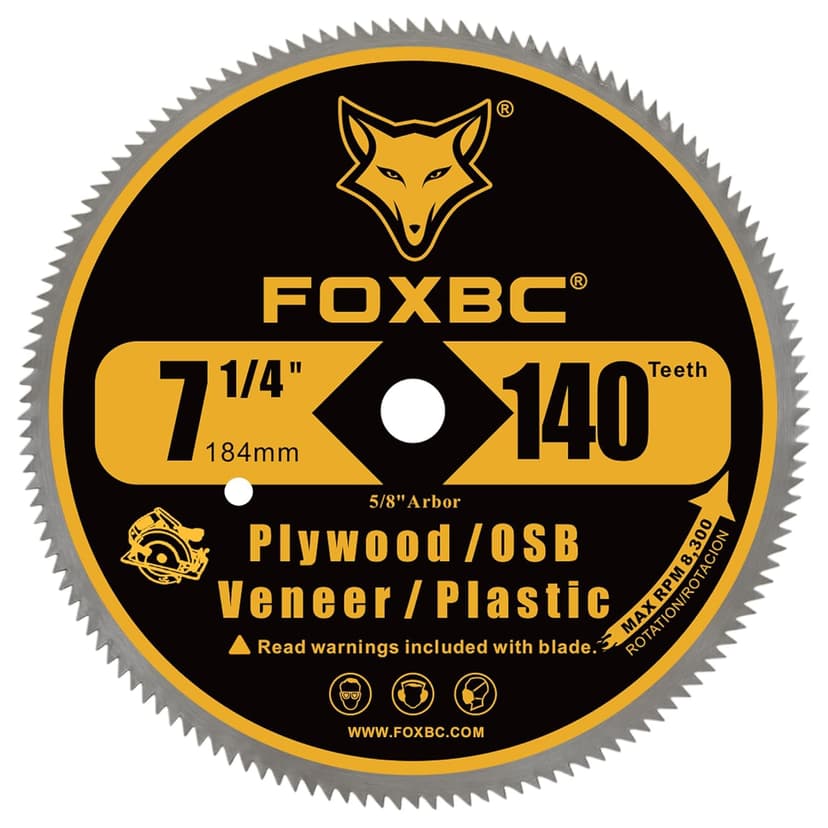 FOXBC 7-1/4 Inch 140 Tooth Fine Finish Carbon Circular Saw Blade for Plywood, OSB, Plastic, Veneer, Vinyl Wood Cutting with 5/8-Inch Diamond Arbor