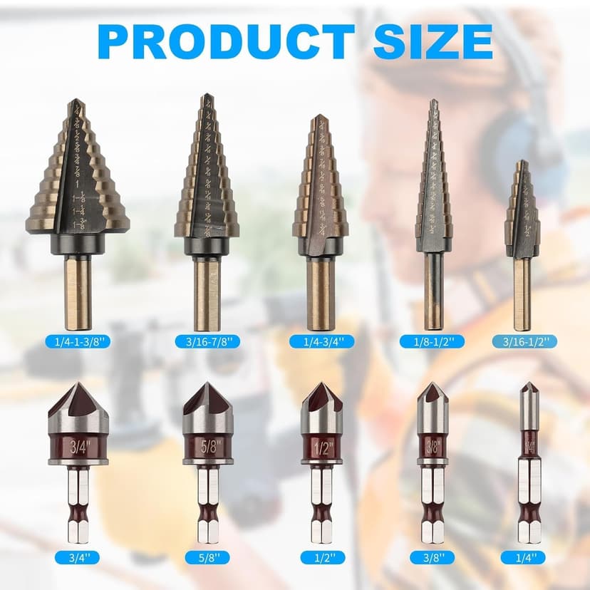 Rocaris 5 Pack Step Drill Bit & 5 Pack Countersink Drill Bit Set, Titanium Coated, 50 Sizes of Step Bit for Metal with Aluminum Case, Multiple Hole Stepped Up Bits for DIY