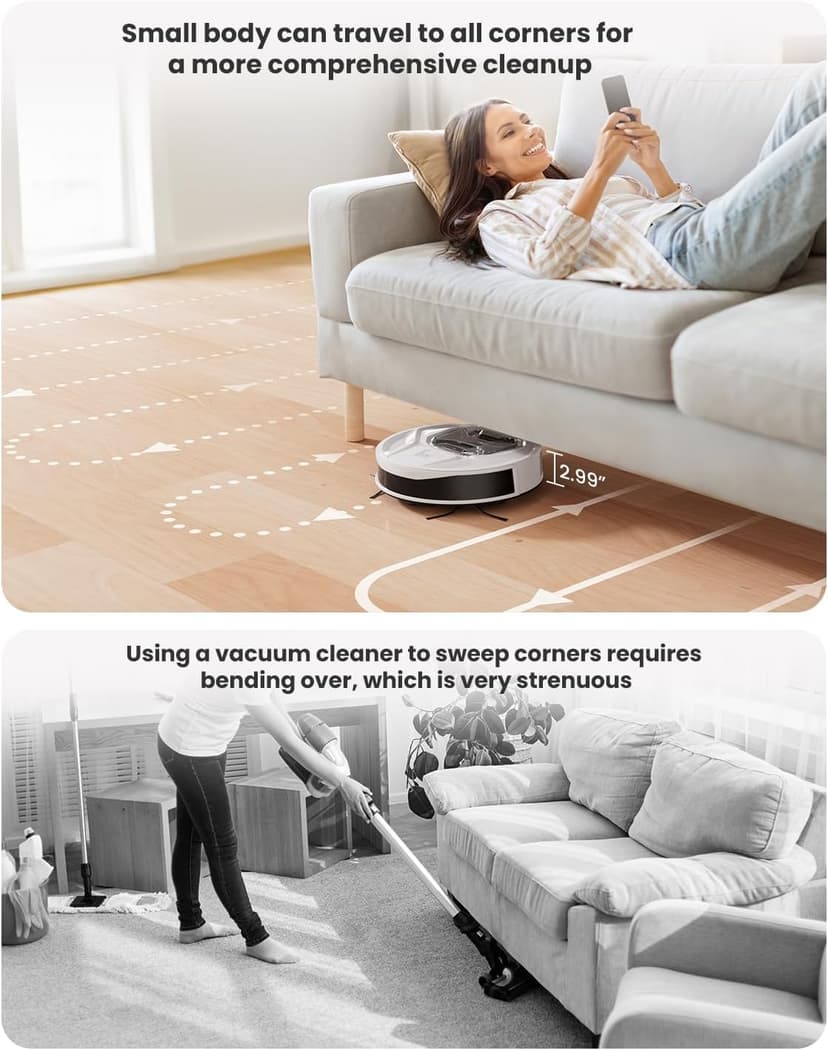 Lefant M320 Robot Vacuum with Mop Combo, 6500Pa Powerful Suction, 210 Mins Runtime, Slim, 800ml Visible Dustbin, Carpet Detection, Alexa Voice Control, Ideal for Hard Floor and Pet Hair, White