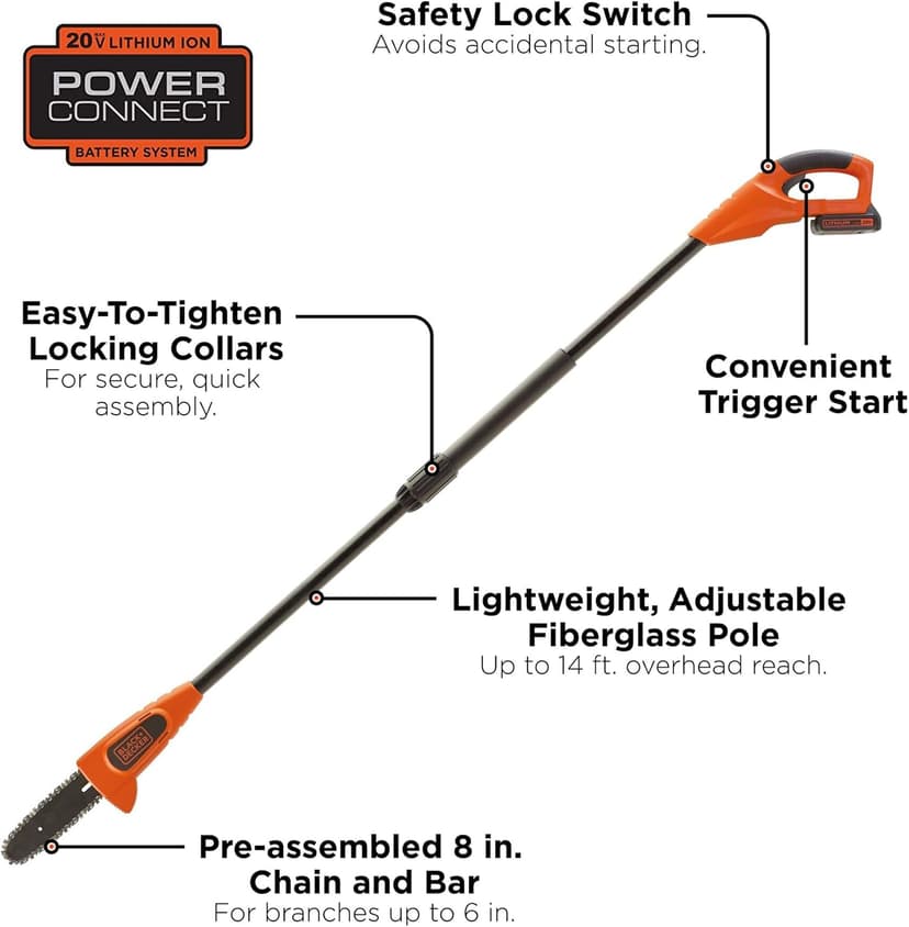 BLACK+DECKER 20V Max Pole Saw for Tree Trimming, Cordless, with Extension up to 14 ft., Bare Tool Only (LPP120B)