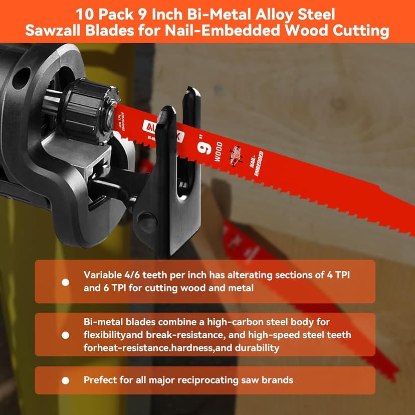 10 Pack 9 Inch 4/6 TPI Reciprocating Saw Blades for Wood and Nail-Embedded Wood Cutting, Bi-Metal Sawzall Blades for Cutting Nail and PVC Pallets etc, for Diablo Sawzall Blades DS0912BW25