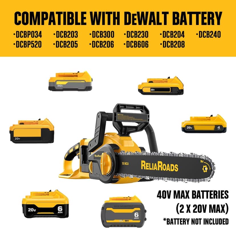 16-Inch Brushless Chainsaw, 40V (2 x 20V MAX) Cordless Battery Powered Chain Saw Compatible DeWALT Battery, Ideal for Wood/Tree Cutting, Pruning, Tool Only (Battery Not Included)